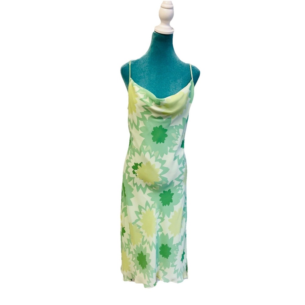 Vintage Express Y2K Midi Dress Womens 9/10 Green Floral Retro Cocktail Flouncy - Picture 1 of 10